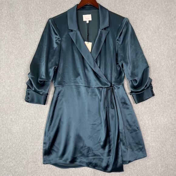 Cinq à Sept Teal Sabina Satin Wrap Mini Dress Size 12 - Picture 2 of 11